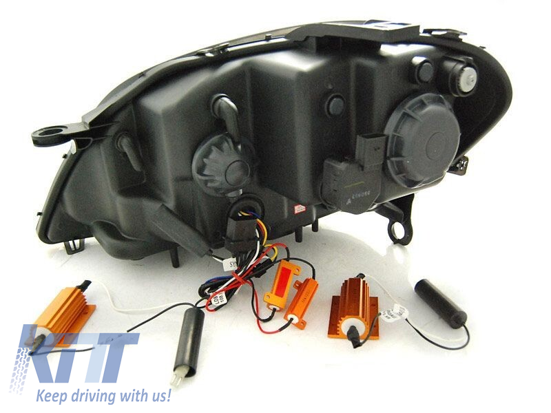 Set de faruri tuning potrivit pentru Mercedes ML W164 2005-2008 cu bază neagră, stânga și dreapta Performance AutoTuning