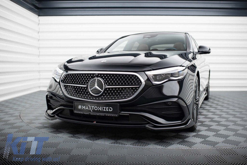 Spoiler Maxton Design versiunea 1 potrivit pentru bara de protecție frontală a Mercedes E-Class W214 A Design-Line sedan după 2023, lac negru Performance AutoTuning