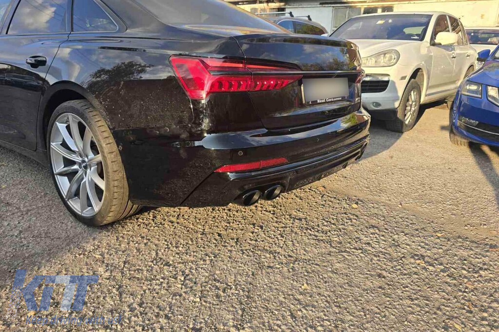 Difuzor tip S6 cu capete din plastic negru, potrivit pentru bara de protecție S-line din spate la Audi A6 sedan, break după 2018 -oo--oo- Performance AutoTuning