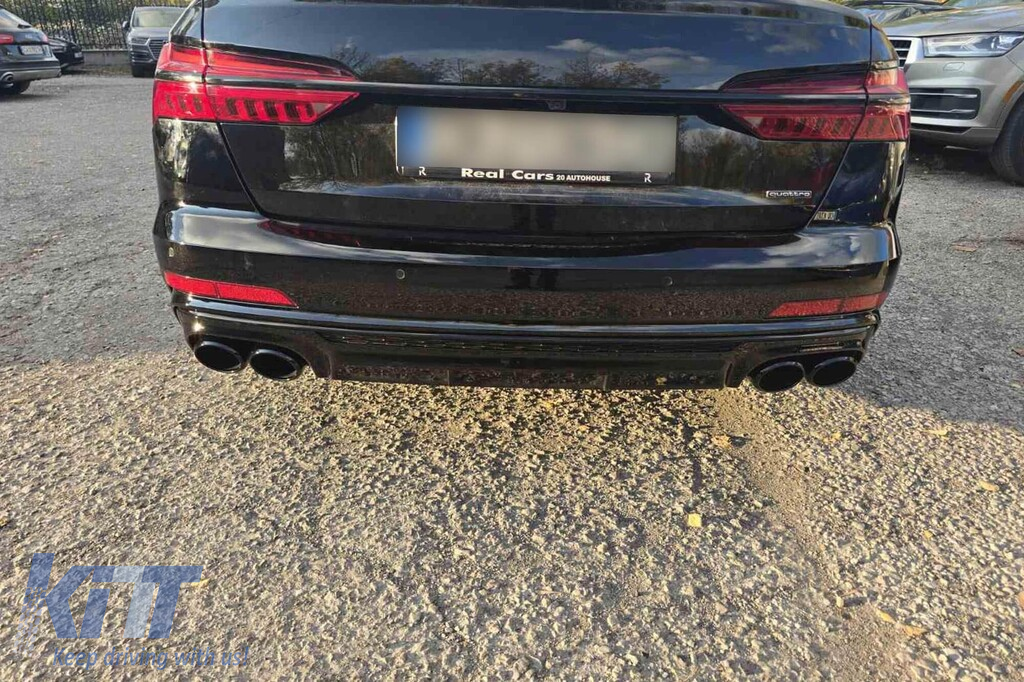 Difuzor tip S6 cu capete din plastic negru, potrivit pentru bara de protecție S-line din spate la Audi A6 sedan, break după 2018 -oo--oo- Performance AutoTuning