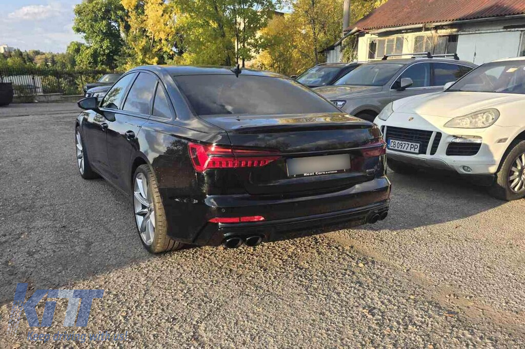 Difuzor tip S6 cu capete din plastic negru, potrivit pentru bara de protecție S-line din spate la Audi A6 sedan, break după 2018 -oo--oo- Performance AutoTuning