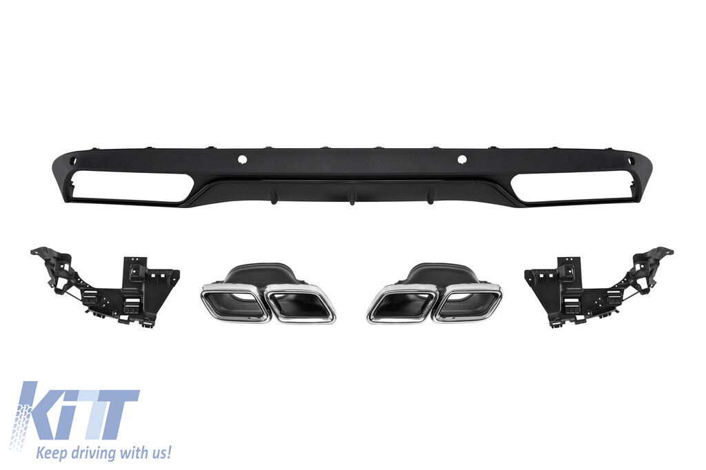 Difuzor tip C63 cu capete cromate potrivit pentru bara de protecție din spate standard pentru Mercedes Clasa C W205 sedan, S205 break 2013-2019 -oo--oo-, cu garnitură neagră Performance AutoTuning