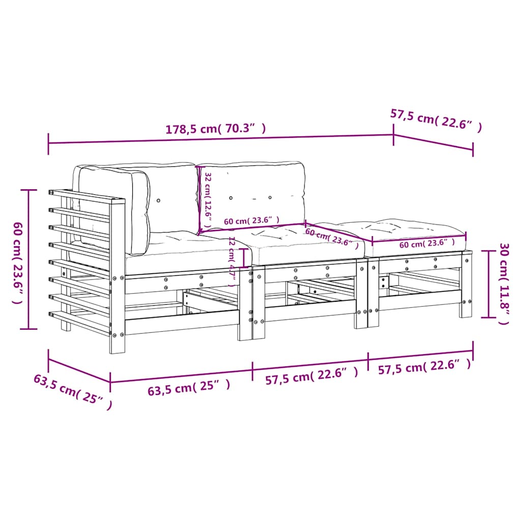 Set mobilier de grădină cu perne, 3 piese, gri, lemn masiv GartenMobel Dekor
