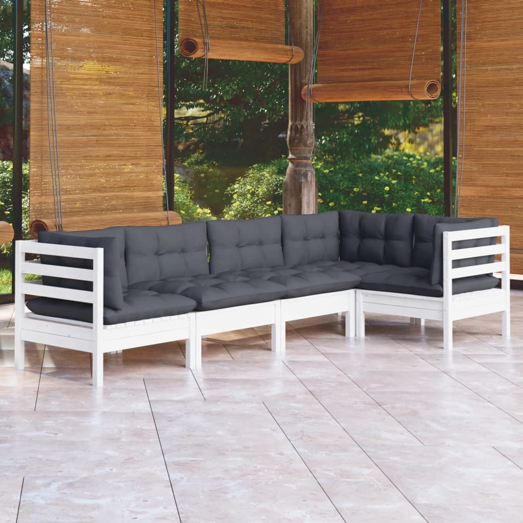 Set mobilier grădină cu perne, 5 piese, alb, lemn de pin GartenMobel Dekor