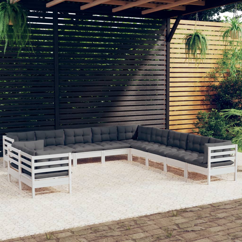 Set mobilier grădină cu perne, 11 piese, alb, lemn masiv de pin GartenMobel Dekor