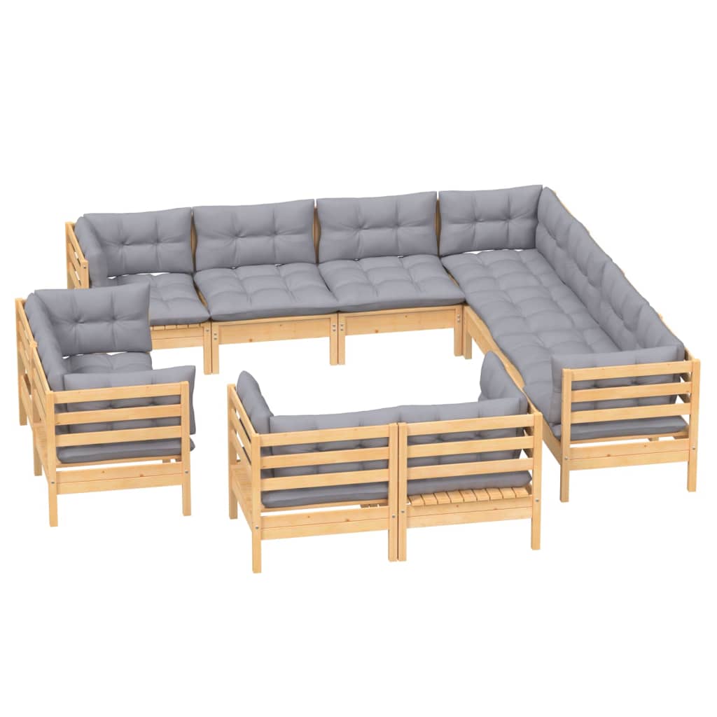 Set mobilier grădină cu perne, 11 piese, gri, lemn masiv pin GartenMobel Dekor