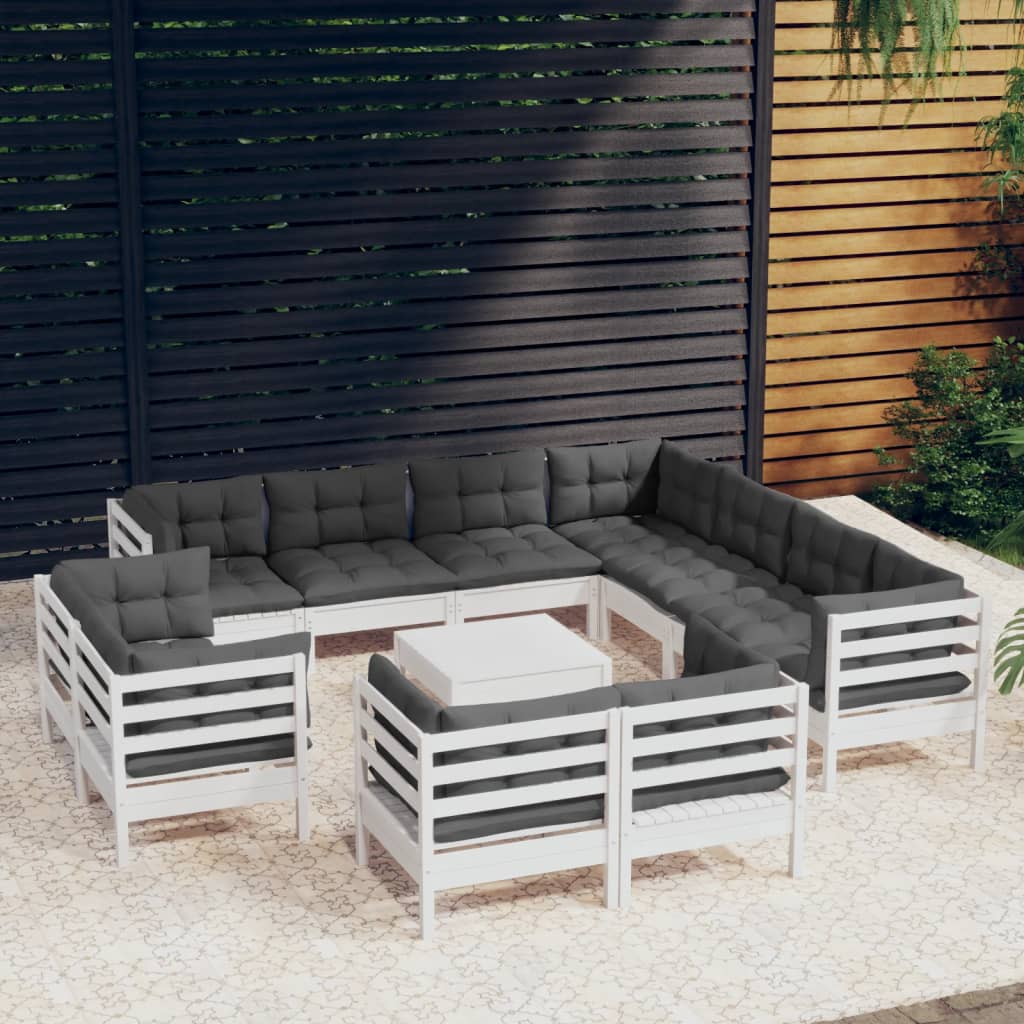 Set mobilier grădină cu perne, 12 piese, alb, lemn masiv pin GartenMobel Dekor