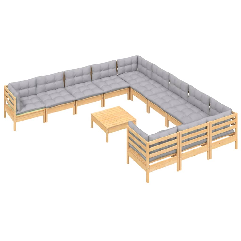 Set mobilier de grădină cu perne, 12 piese, gri, lemn masiv pin GartenMobel Dekor