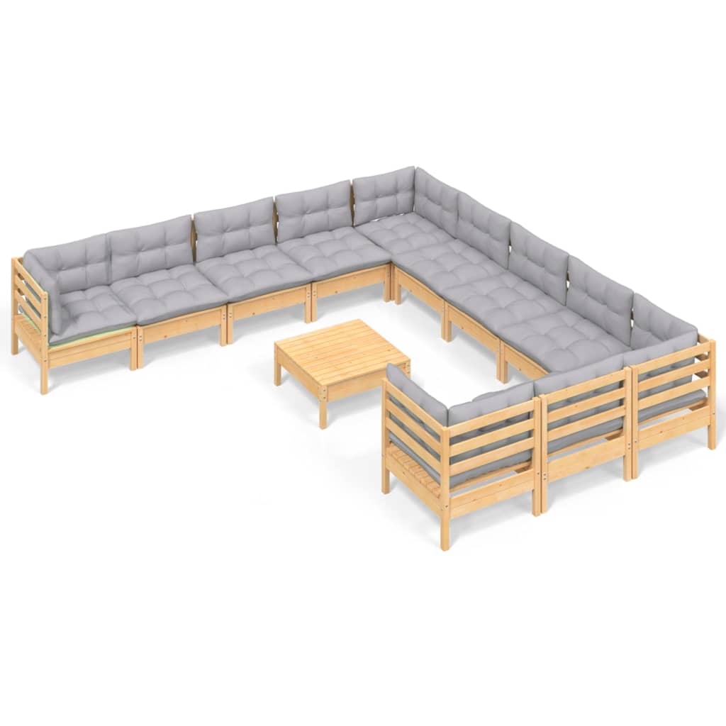 Set mobilier de grădină cu perne, 12 piese, gri, lemn masiv pin GartenMobel Dekor