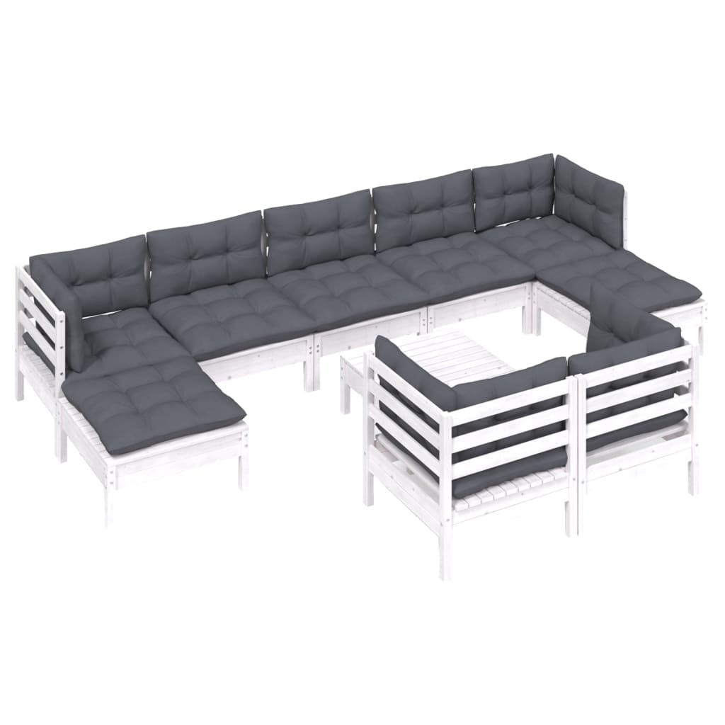 Set mobilier grădină cu perne, 10 piese, alb, lemn masiv pin GartenMobel Dekor