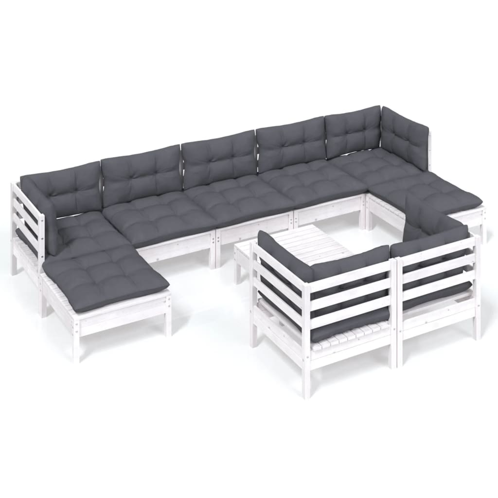 Set mobilier grădină cu perne, 10 piese, alb, lemn masiv pin GartenMobel Dekor