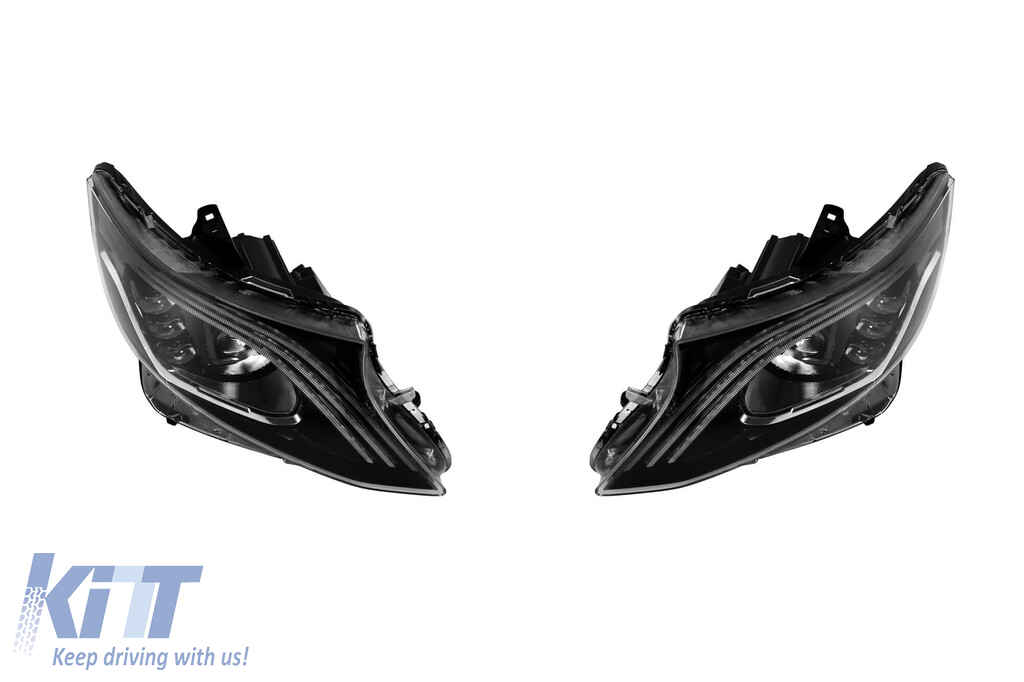 Set de faruri LED de tuning potrivit pentru Mercedes V-Class W447 Vito 2014-2023 cu bază neagră, pentru modelul cu lumini halogen de fabrică fără AFS, stânga și dreapta Performance AutoTuning