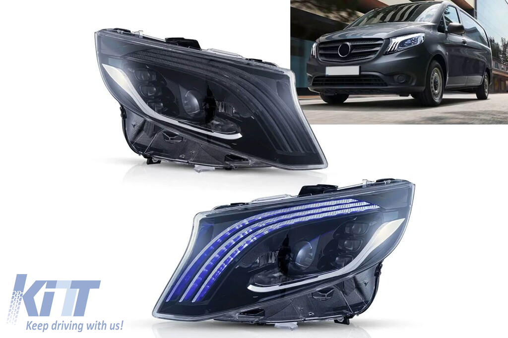 Set de faruri LED de tuning potrivit pentru Mercedes V-Class W447 Vito 2014-2023 cu bază neagră, pentru modelul cu lumini halogen de fabrică fără AFS, stânga și dreapta Performance AutoTuning