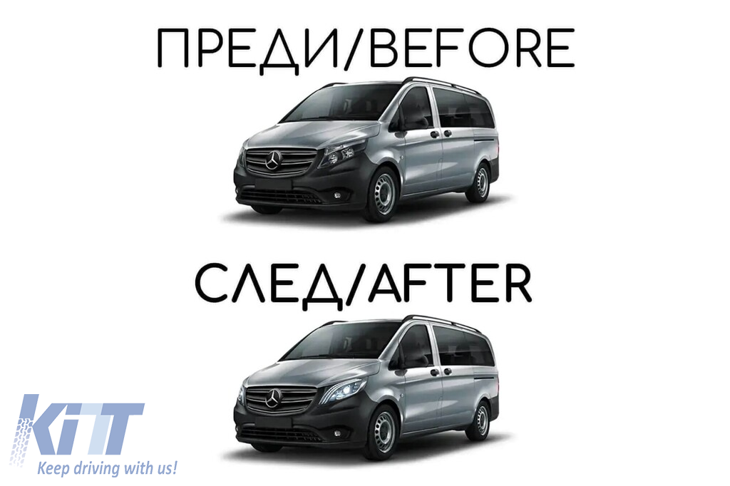 Set de faruri LED de tuning potrivit pentru Mercedes V-Class W447 Vito 2014-2023 cu bază neagră, pentru modelul cu lumini halogen de fabrică fără AFS, stânga și dreapta Performance AutoTuning
