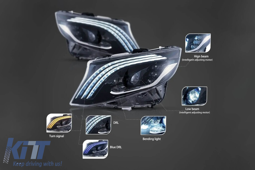 Set de faruri LED de tuning potrivit pentru Mercedes V-Class W447 Vito 2014-2023 cu bază neagră, pentru modelul cu lumini halogen de fabrică fără AFS, stânga și dreapta Performance AutoTuning