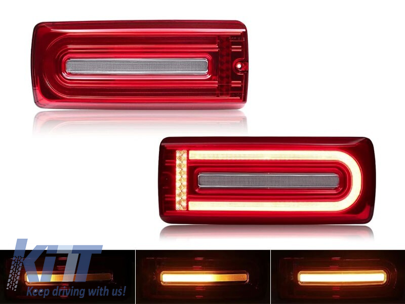 Set de stopuri LED dinamice de tuning potrivit pentru Mercedes G-Class W463 1999-2018 cu bază roșie/albă, stânga și dreapta Performance AutoTuning