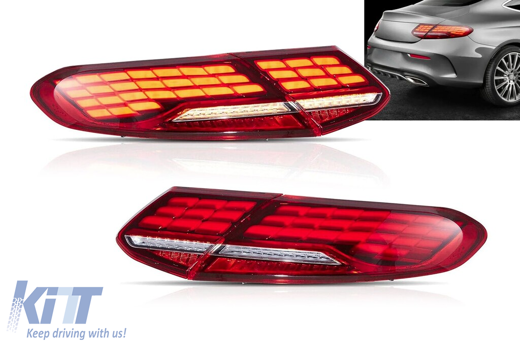 Tuning stopuri Full LED potrivite pentru Mercedes C-Class C205 coupe, A205 cabrio 2016-2021 cu bază roșie, stânga și dreapta Performance AutoTuning