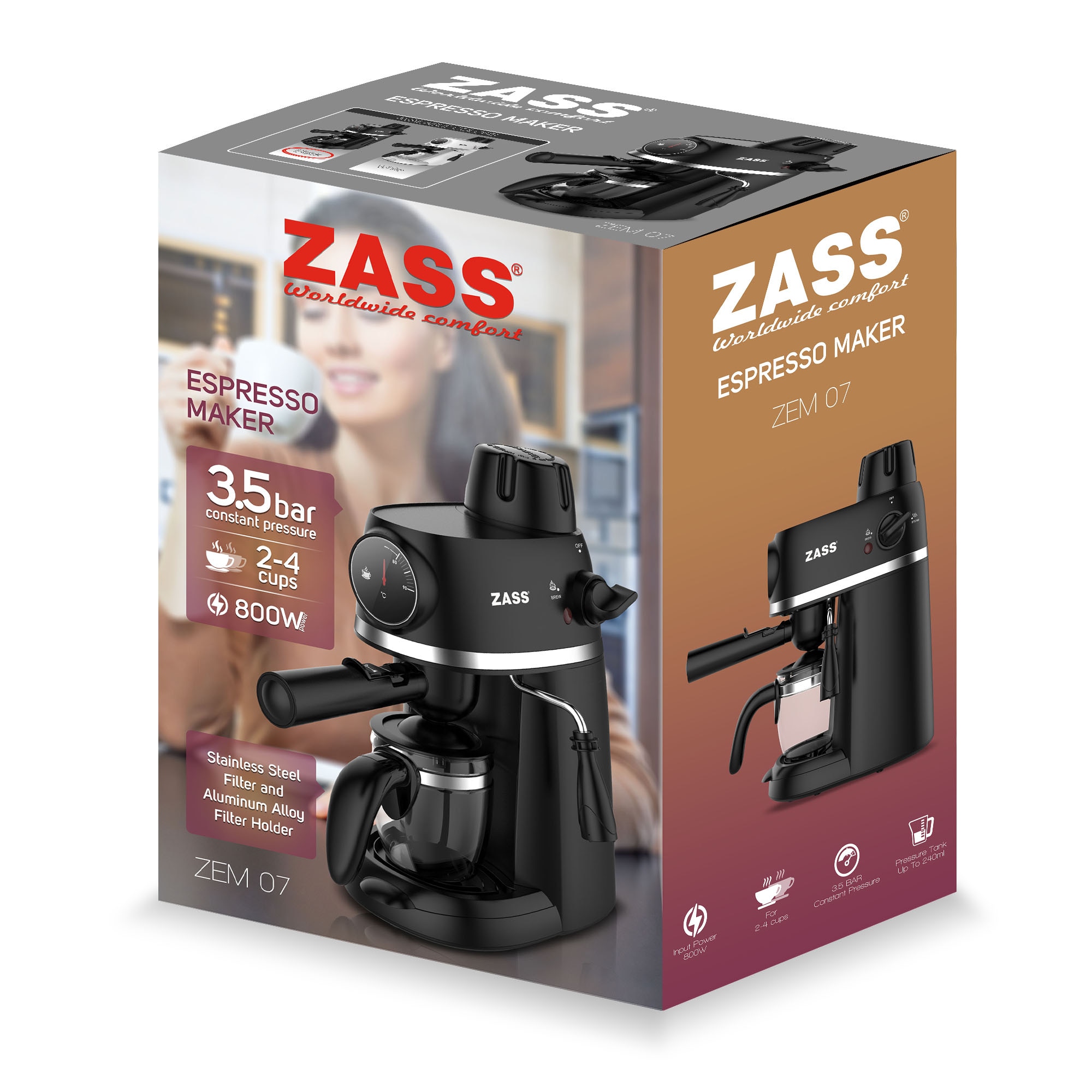 Espressor cafea ZASS ZEM 07 negru, 3.5 bari, 2-4 cesti, 800W