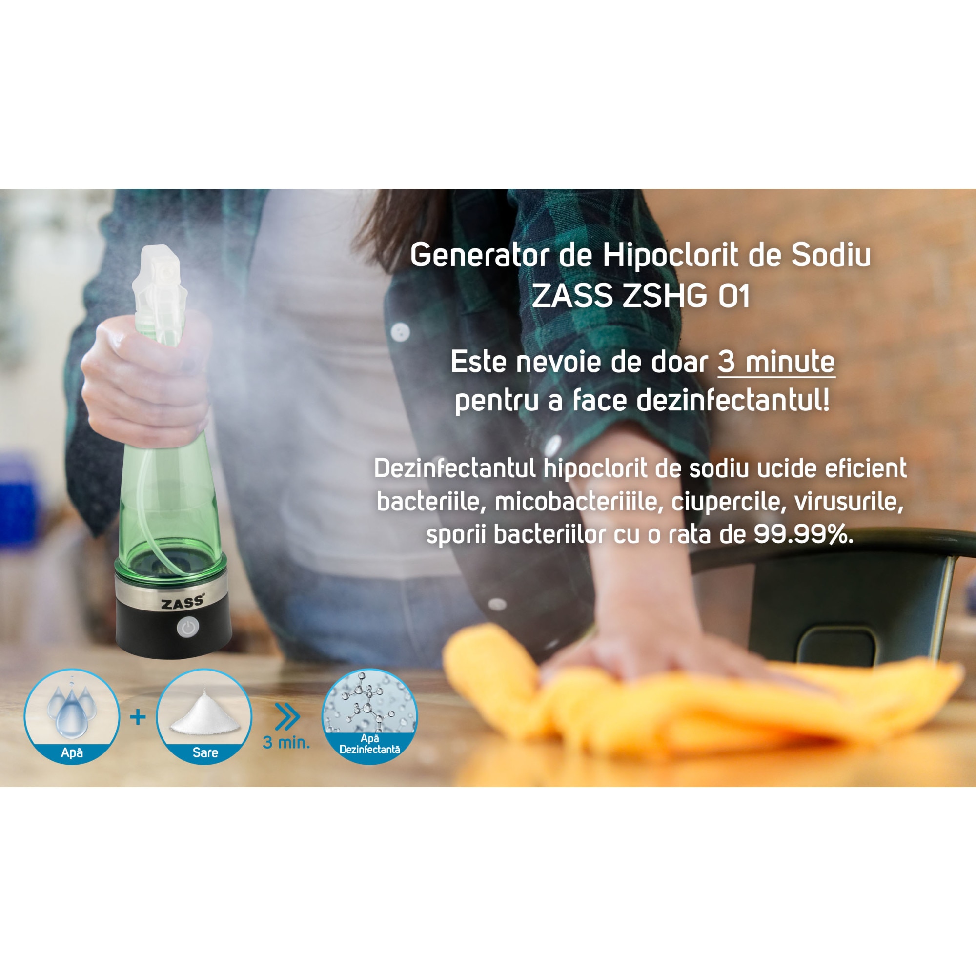 Aparat portabil cu pulverizator ZASS pentru producere dezinfectant, 5W