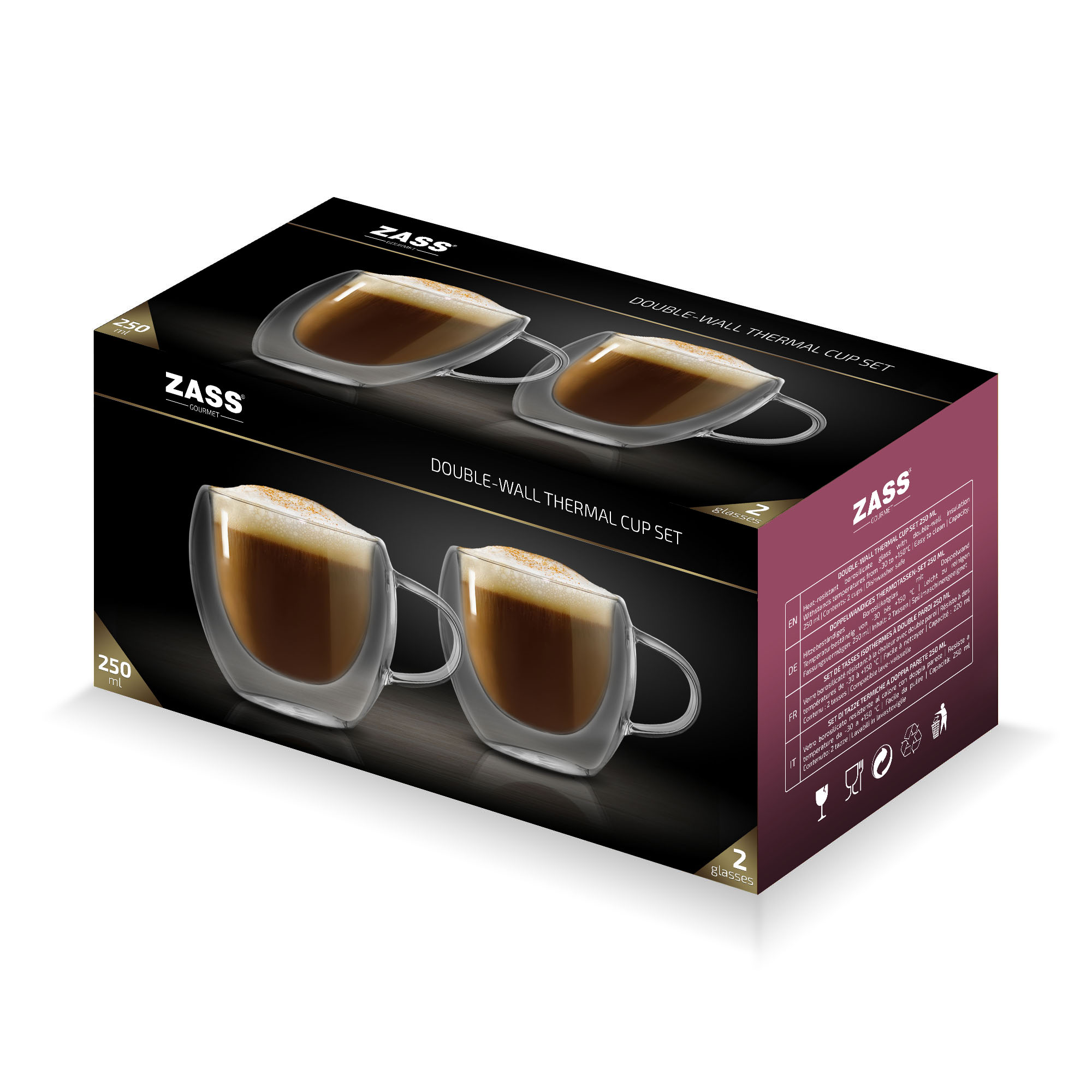 Set 2 căni termorezistente ZASS Gourmet 250 ml din sticlă cu perete dublu