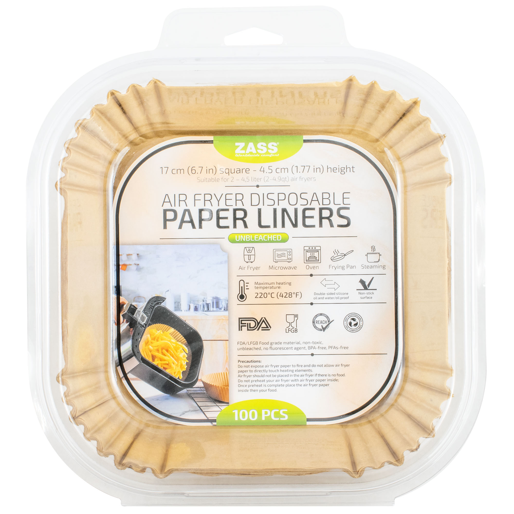 Set 100 hartii de copt pentru airfryer ZASS ZPL 03, 17 cm, patrate