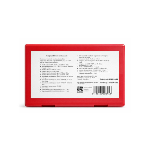 Trusă medicală auto de prim ajutor, cutie plastic roșie, DIN13164:2022