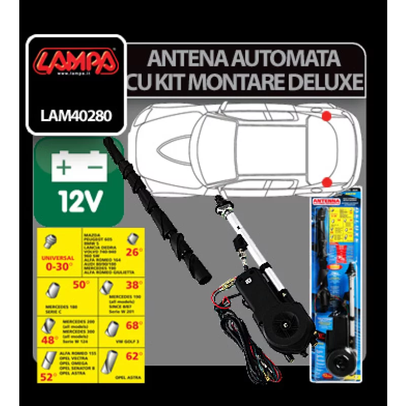 Antena auto complet automată 12V cu kit montaj De-Luxe Lampa