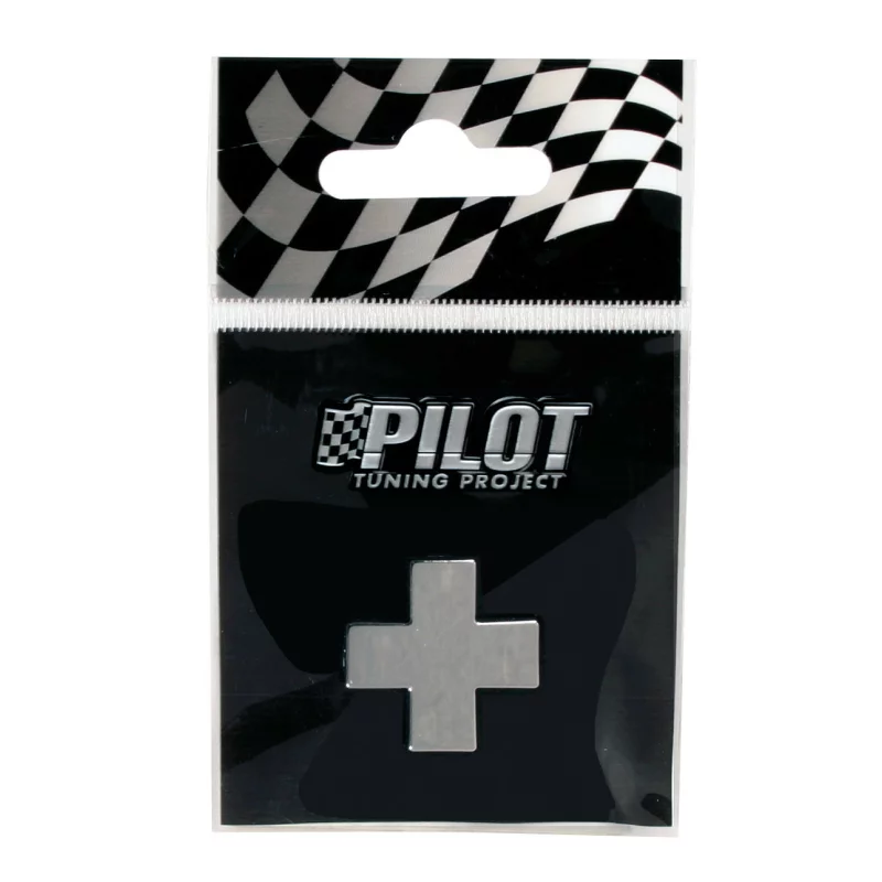 Autocolant 3D crom simbol plus 28 mm cu adeziv pentru personalizare auto