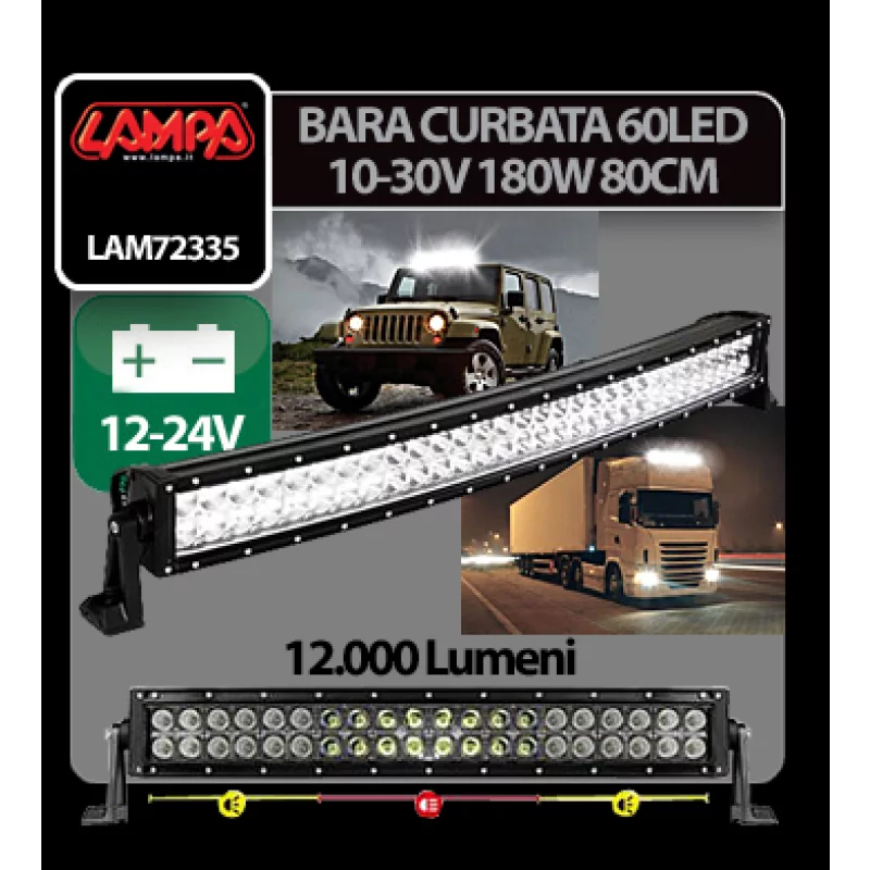 Bara LED curbata auto 80 cm, 180W, 12000 lm, 10-30V, carcasa aluminiu