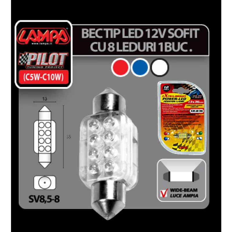 Bec LED Sofit 12V SV8.5-8 alb 13x35 mm, 8 LED, 1 buc