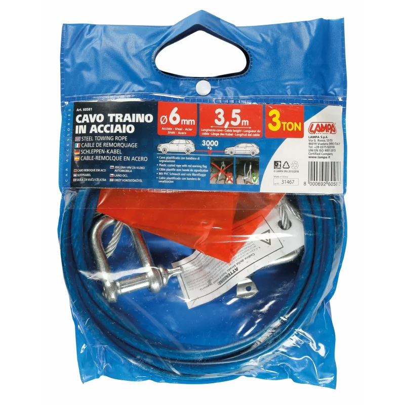 Cablu tractare metalic auto 3000 kg, otel Ø6 mm, 3,5 m, Lampa