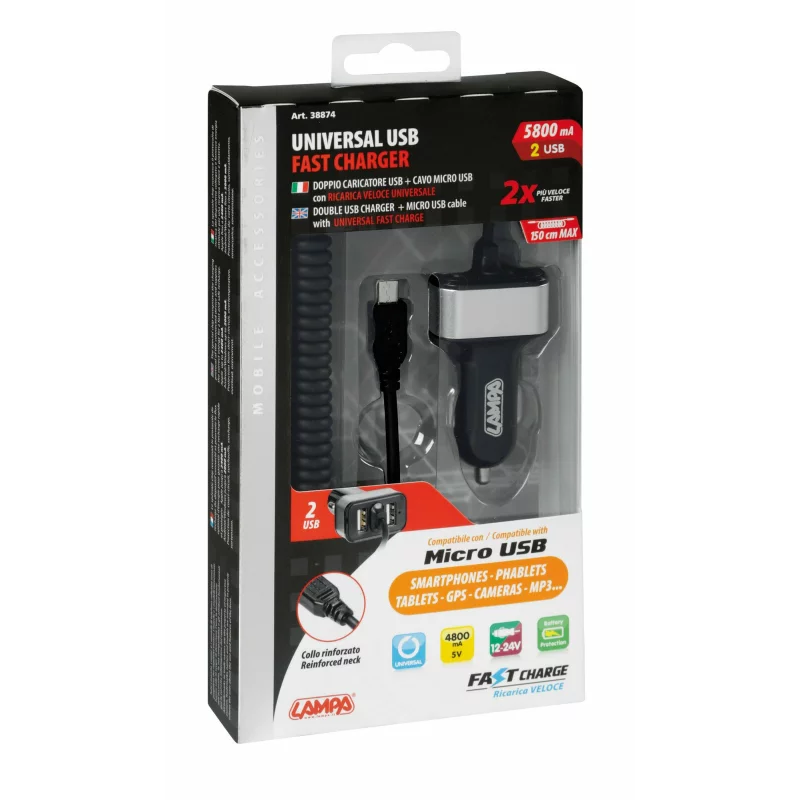 Incarcator auto rapid micro USB cu 2 porturi USB, 5800mA, 12/24V