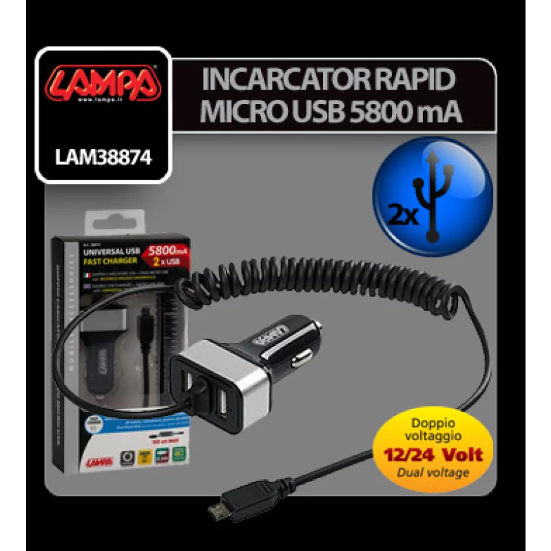 Incarcator auto rapid micro USB cu 2 porturi USB, 5800mA, 12/24V