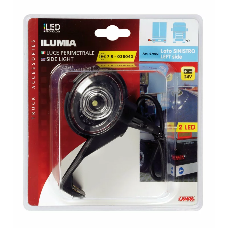 Lampa gabarit camion 24V cu prindere L, 2 LED-uri, alb/rosu, stanga