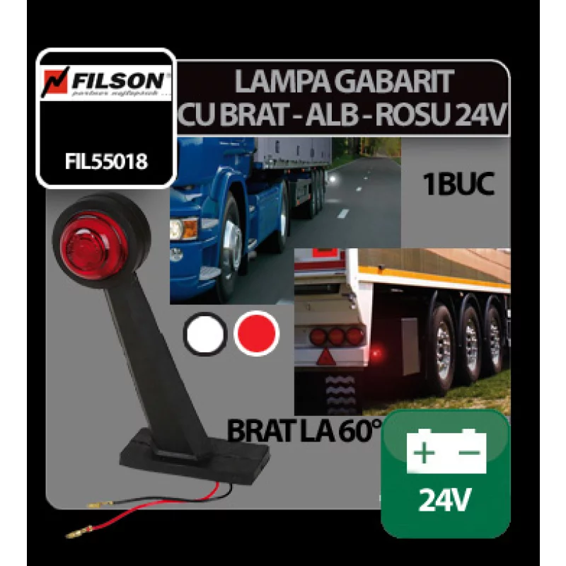 Lampa de gabarit camion 24V cu brat 60° Filson, alb/rosu