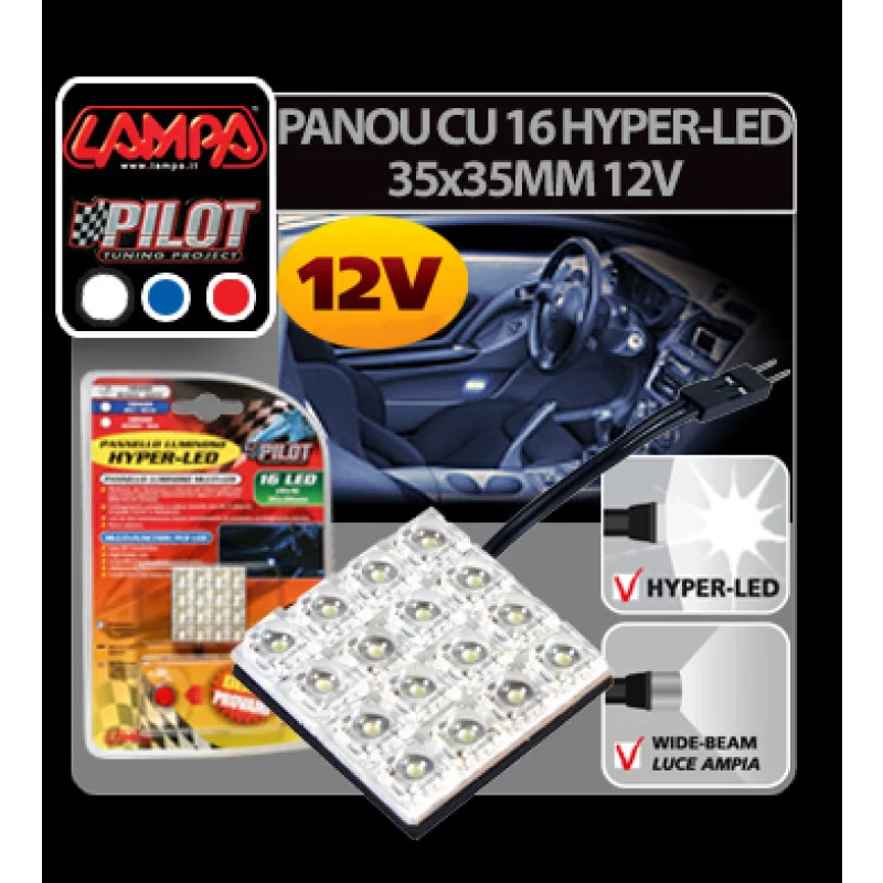 Panou LED auto cu 16 Hyper-Led rosu 12V, 35x35 mm