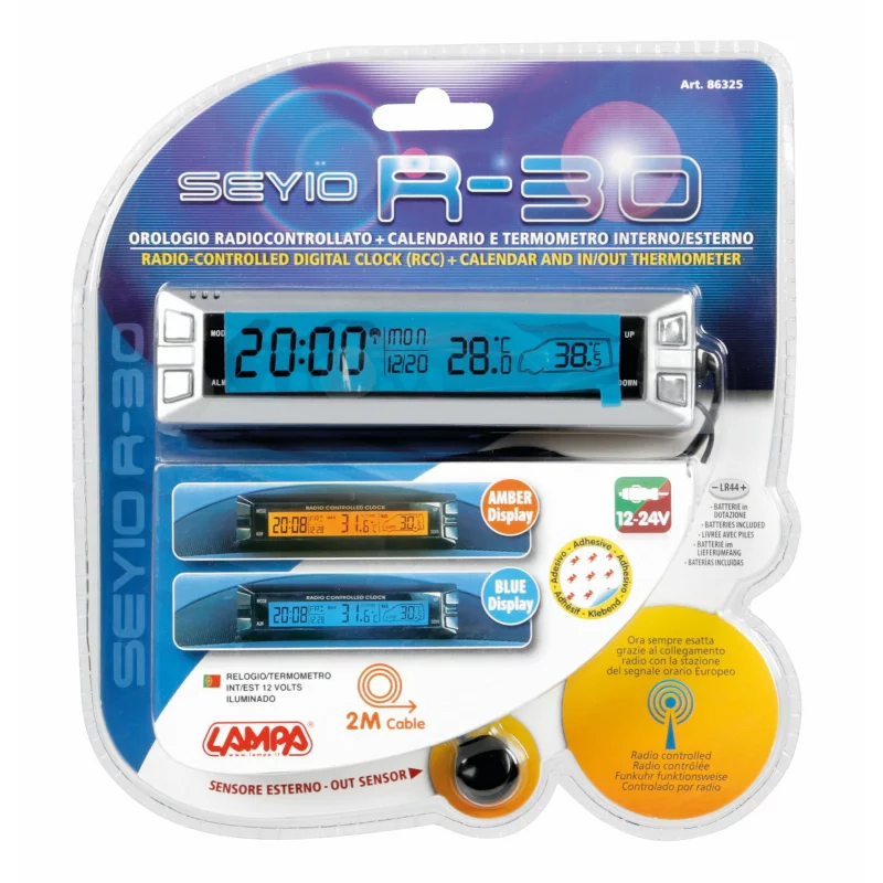 Termometru auto interior-exterior Seyio R-30 cu ceas radio controlat 12/24V