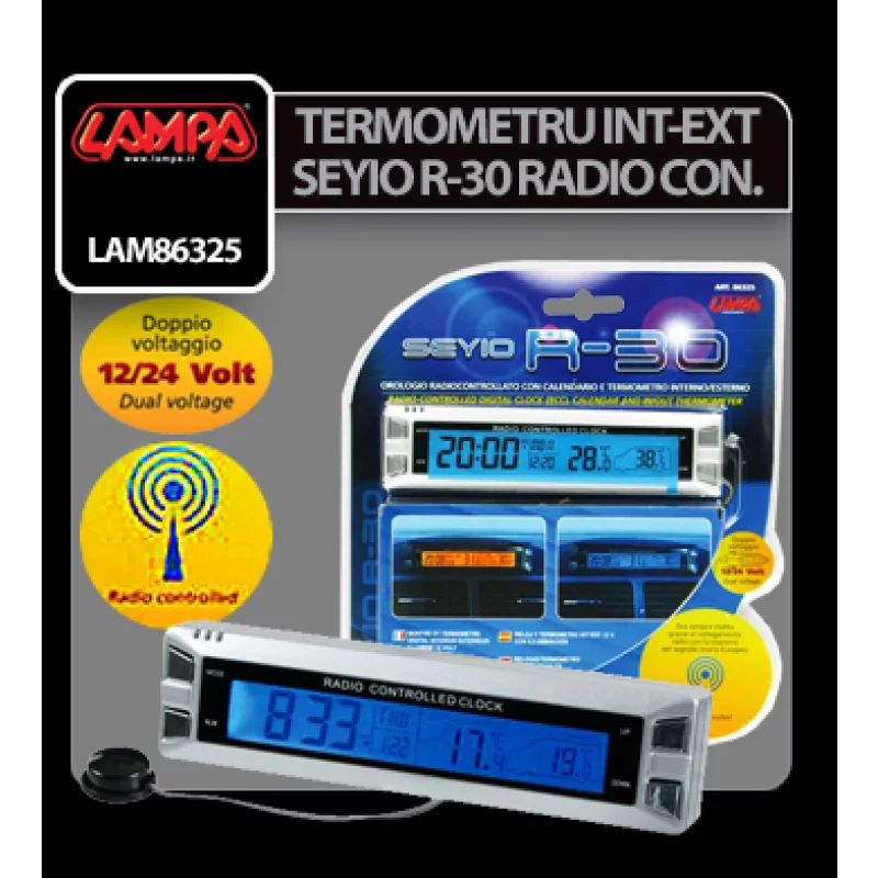 Termometru auto interior-exterior Seyio R-30 cu ceas radio controlat 12/24V