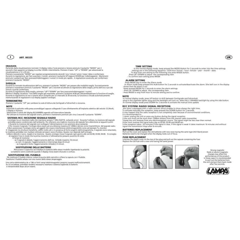 Termometru auto interior-exterior Seyio R-30 cu ceas radio controlat 12/24V