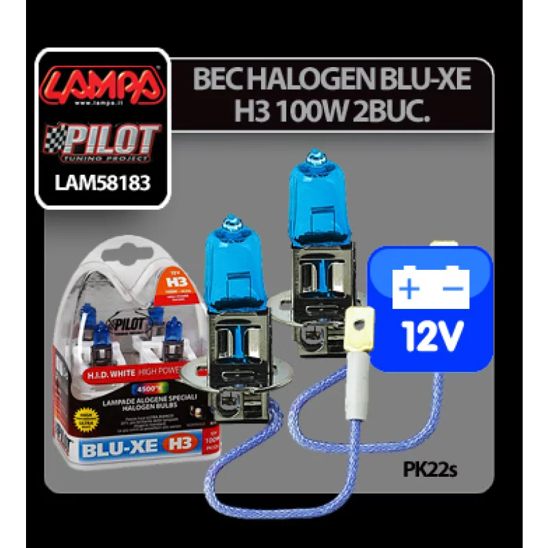 Set 2 becuri halogen auto H3 Blu-Xe 100W 12V PK22s, lumină alb-rece