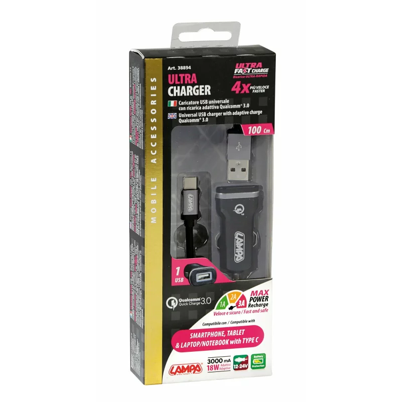 Incarcator auto rapid USB-C Quick Charge 18W 3000mA, 12/24V, cablu 100 cm