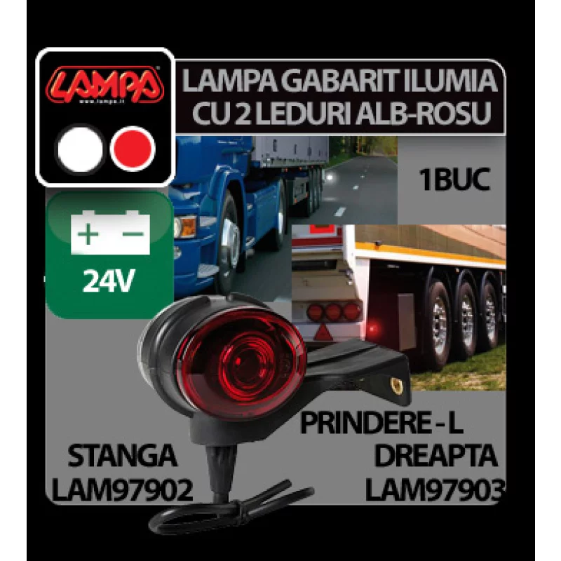 Lampa gabarit camion 24V cu prindere L, 2 LED-uri alb/rosu, dreapta