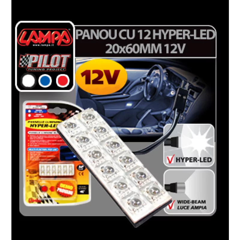 Panou LED auto interior 12V, 12 Hyper-LED, alb, 20x60 mm