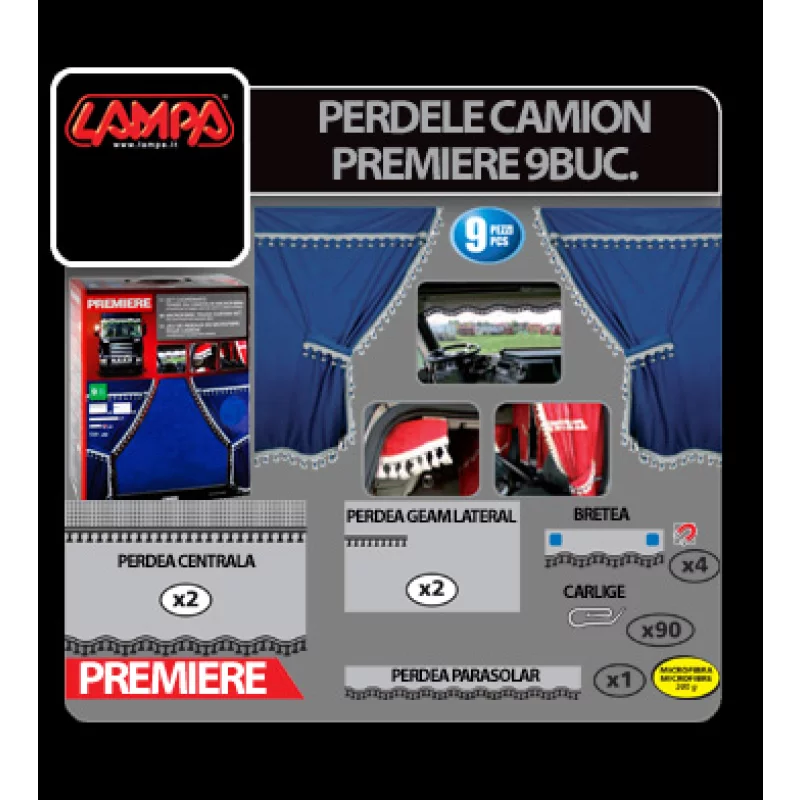 Set perdele camion Premiere 9 piese, negre, pentru cabina standard
