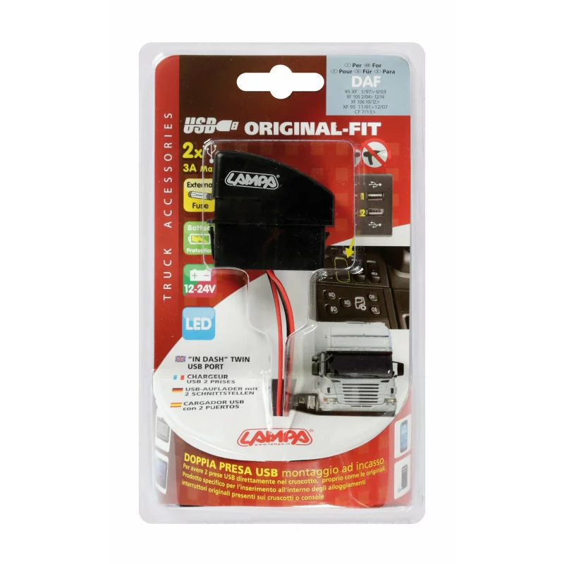 Priză dublă USB încorporabilă 12/24V pentru camion DAF, 5V 3000 mA