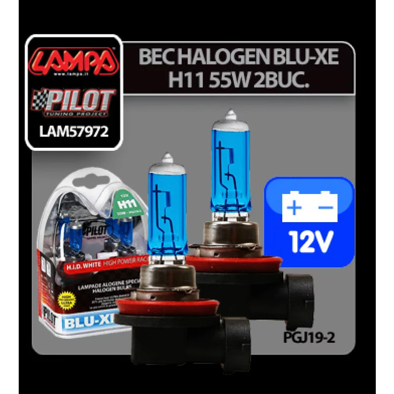 Set 2 becuri halogen auto Blu-Xe H11 55W 12V PGJ19-2, lumină 4150K