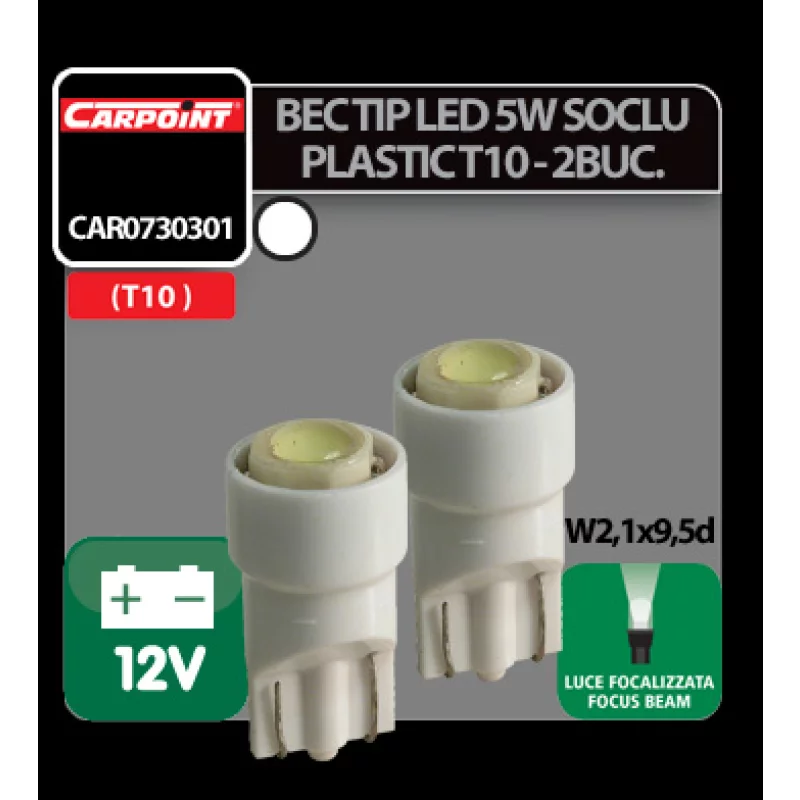 Set 2 becuri LED auto T10 12V 1W, alb focalizat, soclu plastic Carpoint