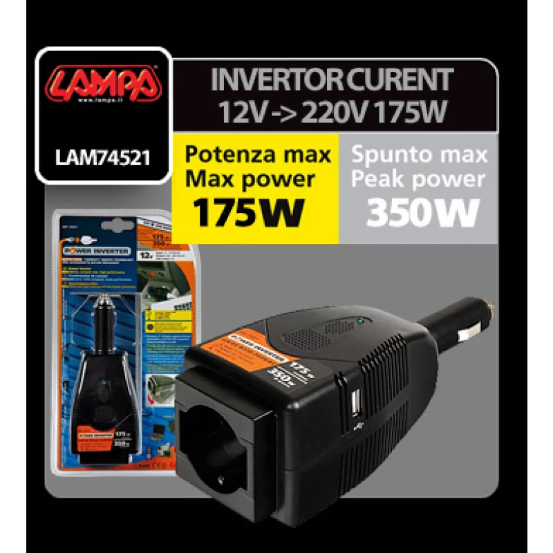 Invertor auto 12V la 220V 175W cu USB si protectii multiple Lampa