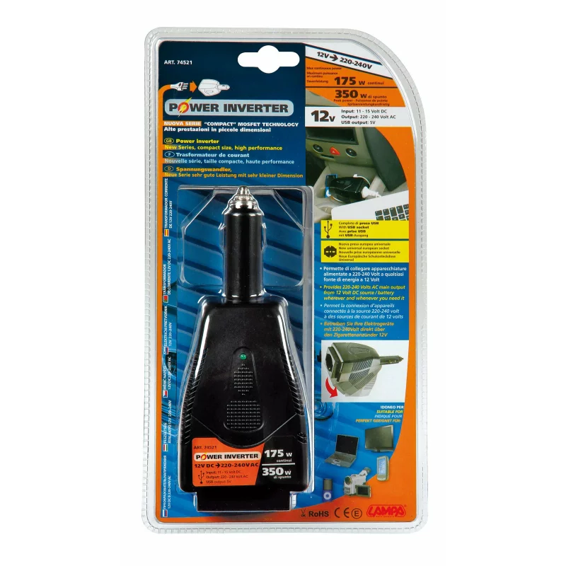 Invertor auto 12V la 220V 175W cu USB si protectii multiple Lampa