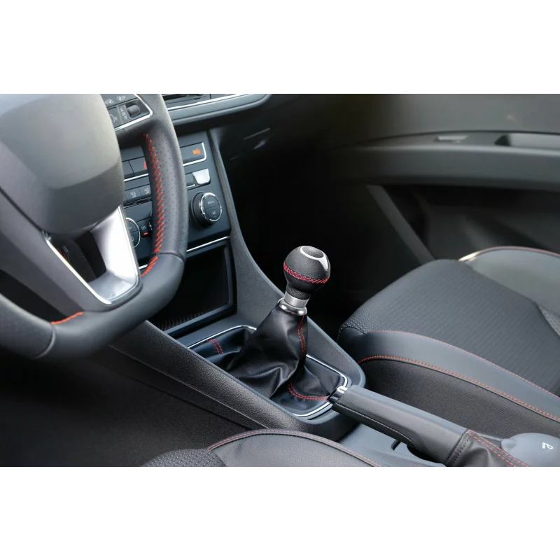 Burduf schimbător viteze universal din piele, negru cu cusătură roșie